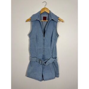 Y2K Only Jeans Womens 40 Denim Romper Light Blue Belted Zip Front Mirage Catsuit